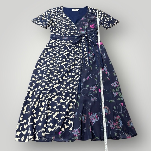 TANYA TAYLOR Luisa Mixed Print 100% Silk Wrap Dress Sz 6 Navy Pink - Picture 8 of 16